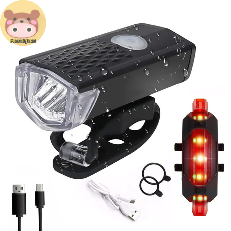 Moonlights1 จักรยานจักรยาน USB LED ชาร์จชุด MTB จักรยานเสือหมอบด้านหน้าด้านหลังไฟหน้าไฟฉายขี่จักรยานอุปกรณ์เสริม EN