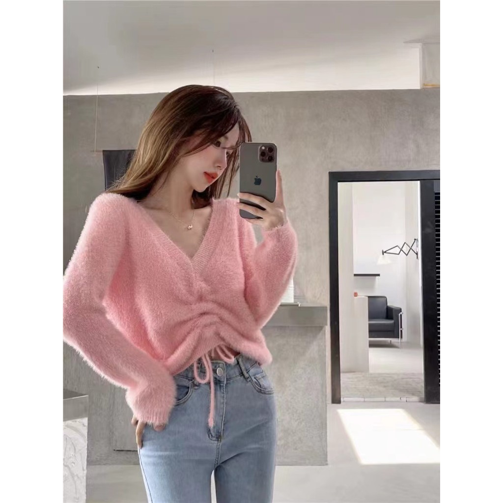เสื้อแบบสั้นคอวีเซ็กซี่มีเชือกรูดสำหรับผู้หญิงเสื้อไหมพรมถักเข้ารูปใส่ด้านนอกใส่แล้วดูผอมแมทช์ลุคง่ายแบบใหม่ฤดูใบไม้ร่วงและฤดูหนาว