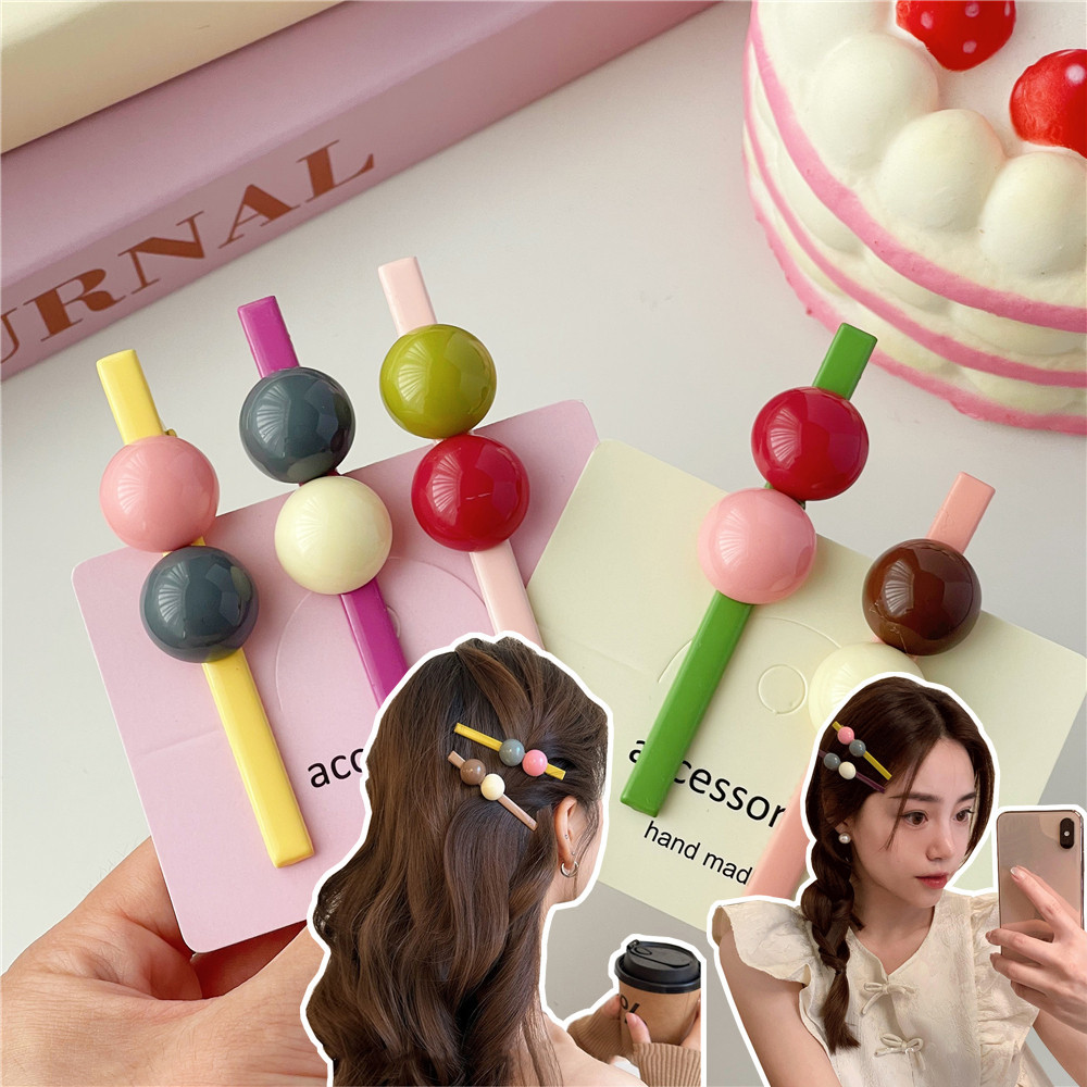 ใหม่ สีครึ่งวงกลม ลูกปัด One-word คลิปผมแบบหนีบ สําหรับหน้าม้า/ข้างศีรษะ น่ารัก