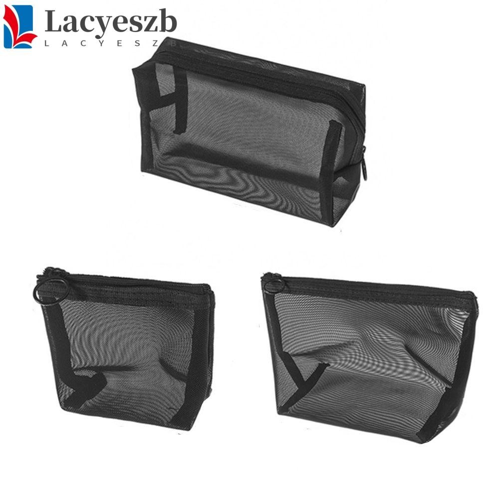 Lacyeszb กระเป๋าแต่งหน้าสีดําสําหรับผู้หญิงกระเป๋าใส่อุปกรณ์อาบน้ําล้างกระเป๋าตาข่ายแพคเกจซิปถุงอาบน้ํา