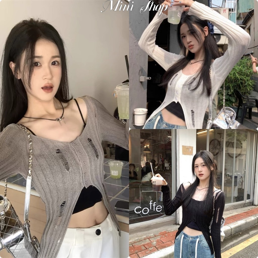Mini shop🌸พร้อมส่ง🌸(MT725)3สีเสื้อถักไหมพรมแขนยาว คอวี มินิมอลดีเทลขาดๆ  เสื้อแฟชั่น