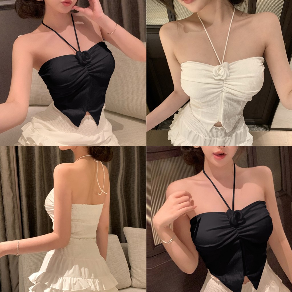 Evelyn ​เสื้อเกาะอกคล้อง มีฟองน้ำดีเทลหย่นๆเกาหลีน่ารัก แถมเข็มกัดดอกไม้ เสื้อคล้องคอผู้หญิง เซ็กซี่ ทรงสวย#FY8805-J