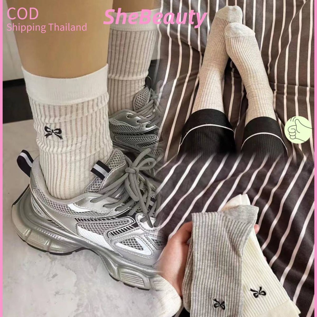 【COD จัดส่งจากไทย】ถุงเท้ายาวปักลายผีเสื้อ ซื้อ4แถมห1 เหมาะสำหรับชุดนักเรียนภาคฤดูร้อน ผ้านุ่ม Y2K