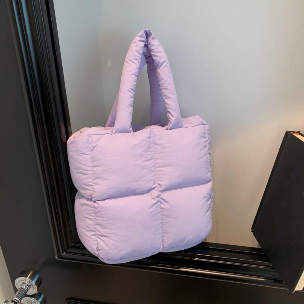 Lfinds Space Cotton กระเป๋าถือ, สีทึบไนลอน Cloud Tote Bag, แฟชั่นเบาะความจุขนาดใหญ่ Handle Puffy กระเป๋าสะพายทุกวัน