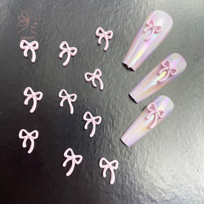 [maybeauty] 10 ชิ้นสีชมพูริบบิ้นสีขาวโบว์เล็บ Ch เกาหลีสีแดงอะไหล่เล็บ Tie ตกแต่ง Kawaii อุปกรณ์เสริมเล็บออกแบบอุปกรณ์ {TH}