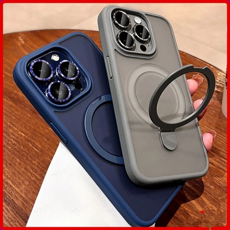 Luxury Matte Hard Magnetic Ring Holder ไร้สายชาร์จเคสโทรศัพท์สําหรับ iPhone 11 12 13 14 15 Pro Max Plus ขาตั้งแม่เหล็กปลอกพร้อมตัวป้องกันเลนส์กล้อง