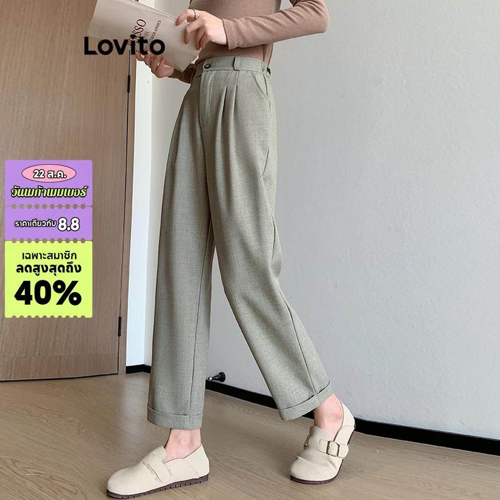 Lovito กางเกงขายาวผู้หญิง จับจีบ สีพื้น สไตล์ลำลอง LNE58464