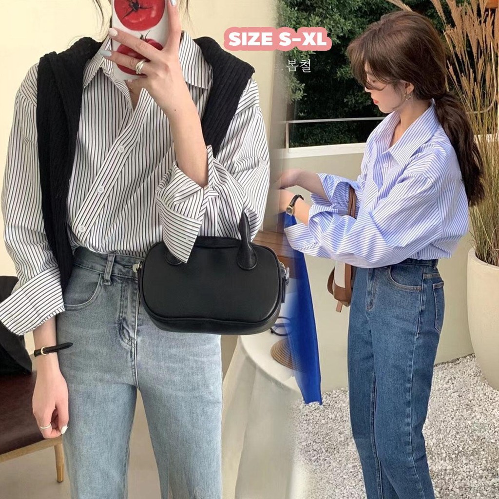 mimi&didi#เสื้อเชิ้ตลายขวางปุ่มลายทแยงผู้หญิง แขนยาว แฟชั่นเกาหลีฝรั่งเศสย้อนยุคสำหรับ สำหรับฤดูใบไม้ผลิและฤดูร้อน#W450