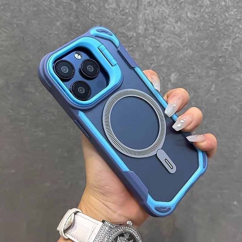 สไตล์ใหม่สี่มุมป้องกันการหล่นถุงลมนิรภัยผู้ถือเลนส์แม่เหล็กเคสโทรศัพท์สําหรับ ไอโฟน 15 14 13 มือโปร สูงสุด 14 15 บวกไร้สายชาร์จปลอกเลนส์ขาตั้งอะคริลิโปร่งใส มีน้ําค้างแข็ง กลับ ค