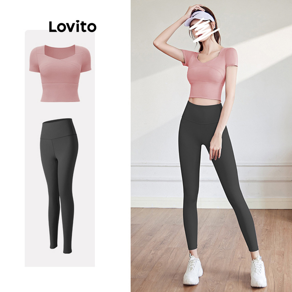 Lovito เซ็ทชุดกีฬาผู้หญิง เข้ารูป สีพื้น สไตล์สปอร์ต LNL54058