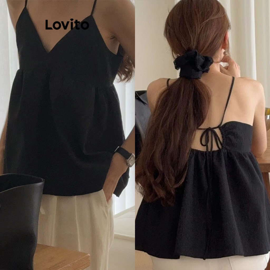 Lovito เสื้อสายเดี่ยวผู้หญิง แบบผูกหลัง สีพื้น สไตล์ลำลอง LNE64093