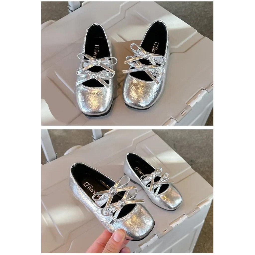 Jogerli Silver Bow เพื่อนร่วมชั้นฤดูใบไม้ผลิฤดูใบไม้ร่วงปากตื้นเด็กรองเท้าหนัง PU หญิงบัลเล่ต์เด็กเล็กเจ้าหญิง Loafer - รูปที่ 6