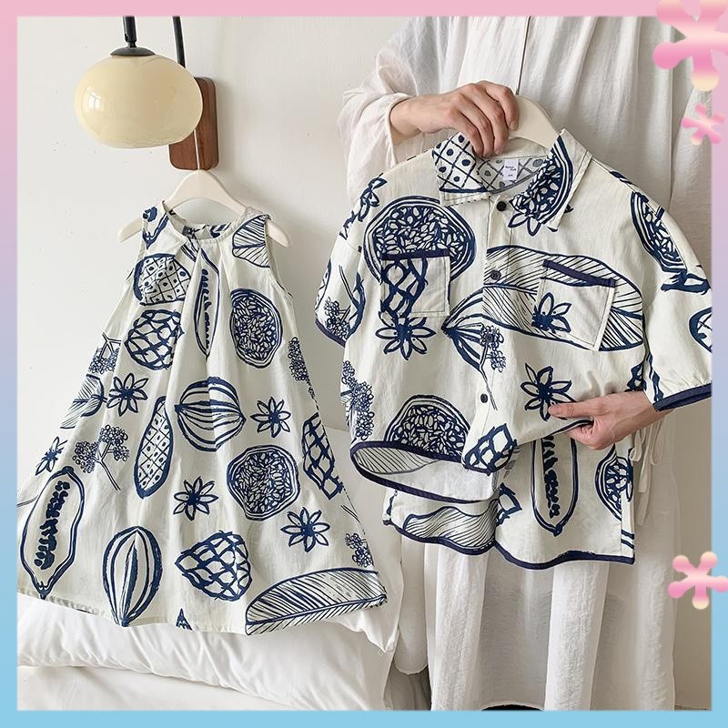 2024Summer New Blue and White Porcelain Western Style Siblings Costume Casual Korean Style Boys' Shirt Shorts Girls' Sleeveless One-Piece Dress