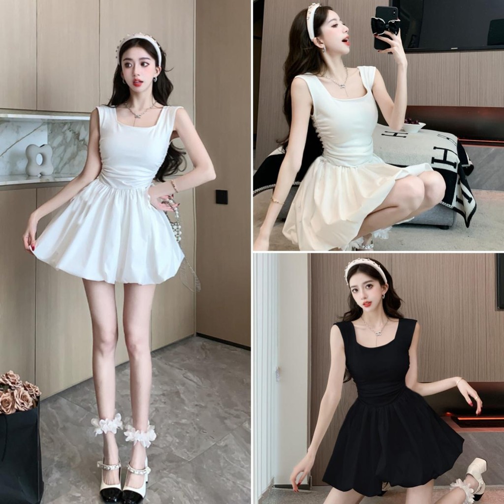 cherryshop🍒พร้อมส่ง ชุดเดรสสั้นผู้หญิง ชุดเจ้าหญิงเซ็กซี่แขนกุด เดรสฟูแฟชั่น สไตล์บัลเล่ต์หวานเผ็ดฝรั่งเศส