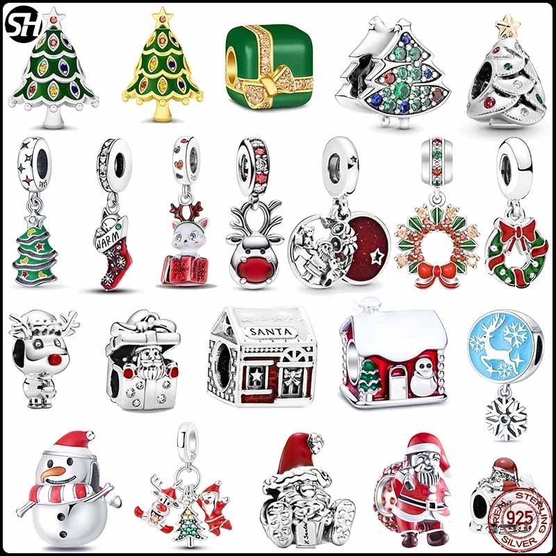 S925 เงินสเตอร์ลิงคริสต์มาส Series ถุงเท้า Snowman Elk Bell จี้ สร้อยข้อมือต้นฉบับ Charm ลูกปัดสร้อยคอ DIY เครื่องประดับหญิง