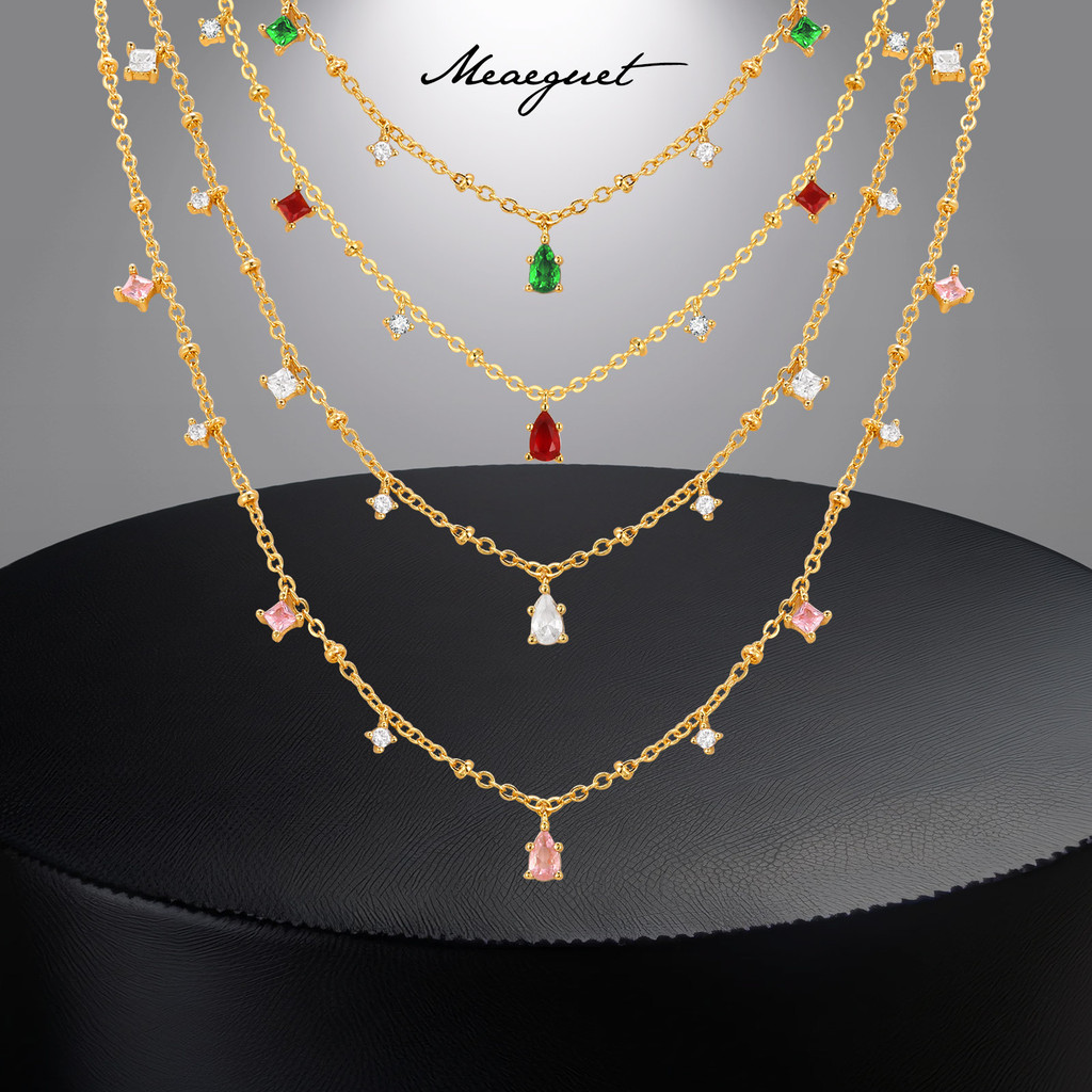 Meaeguet 18K Gold Plated Dainty Charm CZ เพชร Dangle สร้อยคอ Choker สําหรับผู้หญิง,สีแดงสีเขียวสีชมพูสร้อยคอน้ําตา