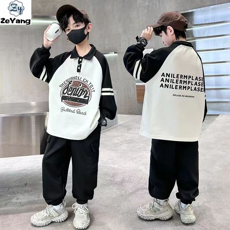 [ซี่] 110-170เซนติเมตรพร้อมสต็อกเด็กผ้าฝ้ายสูทปกสูทแขนยาวฤดูใบไม้ร่วงฤดูหนาวทารกแฟชั่นกางเกงวอร์มสูทโปโลเสื้อสูทชุดลําลองชุดกีฬาเวอร์ชั่นเกาหลีเ
