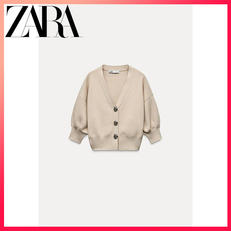 ZARA ซาร่า เสื้อคาร์ดิแกนถักสีทึบลายดอกไม้ของผู้หญิงใหม่