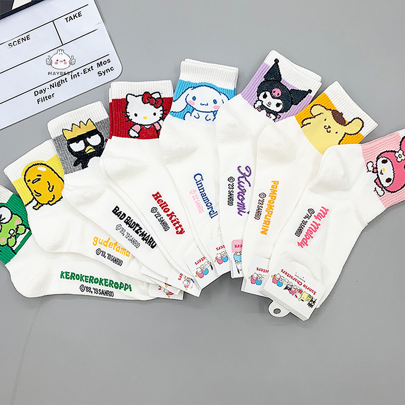 {maybest} Hello Kitty Medium Tube Socks Kuromi การ์ตูนสัตว์ถุงเท้า Kawaii Sanrio Melody ถุงเท้า Rosered สีดําสีขาวถุงเท้าสําหรับสาวผู้หญิง {TH}