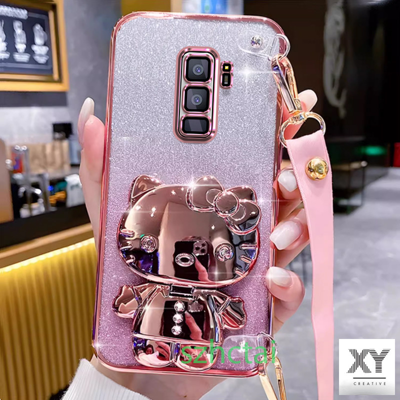 เคส แวววาว Samsung S9 Plus S9 S8 PLUS S8 สายรัดข้อมือยาวสไตล์เคสโทรศัพท์แบบนุ่มปลอกปลอกคิตตี้ตัวยึดแมวพร้อมกระจก เคสโทรศัพท์ Samsung S9 Plus S9 S8 PLUS S8