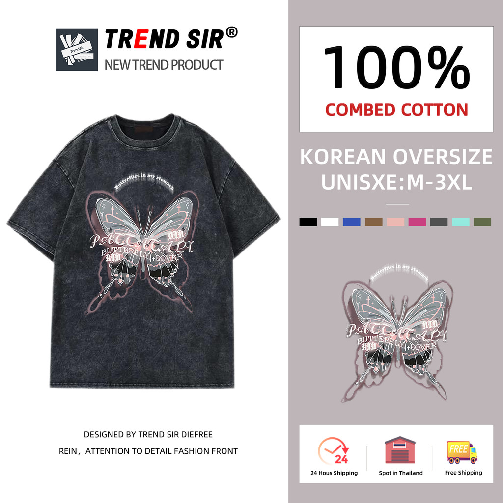 TrendSir NEW เสื้อยืดคอกลมแขนสั้น เสื้อยืดแฟชั่น แบรนด์แฟชั่นลายพิมพ์ผีเสื้อ ไม่ยับ ไม่ย้วย 100% Cotton 11สี M-3XL