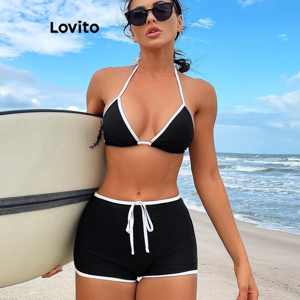Lovito ชุดบิกินี่ผูกเชือกคอนทราสต์ธรรมดาสำหรับผู้หญิง LNL77386