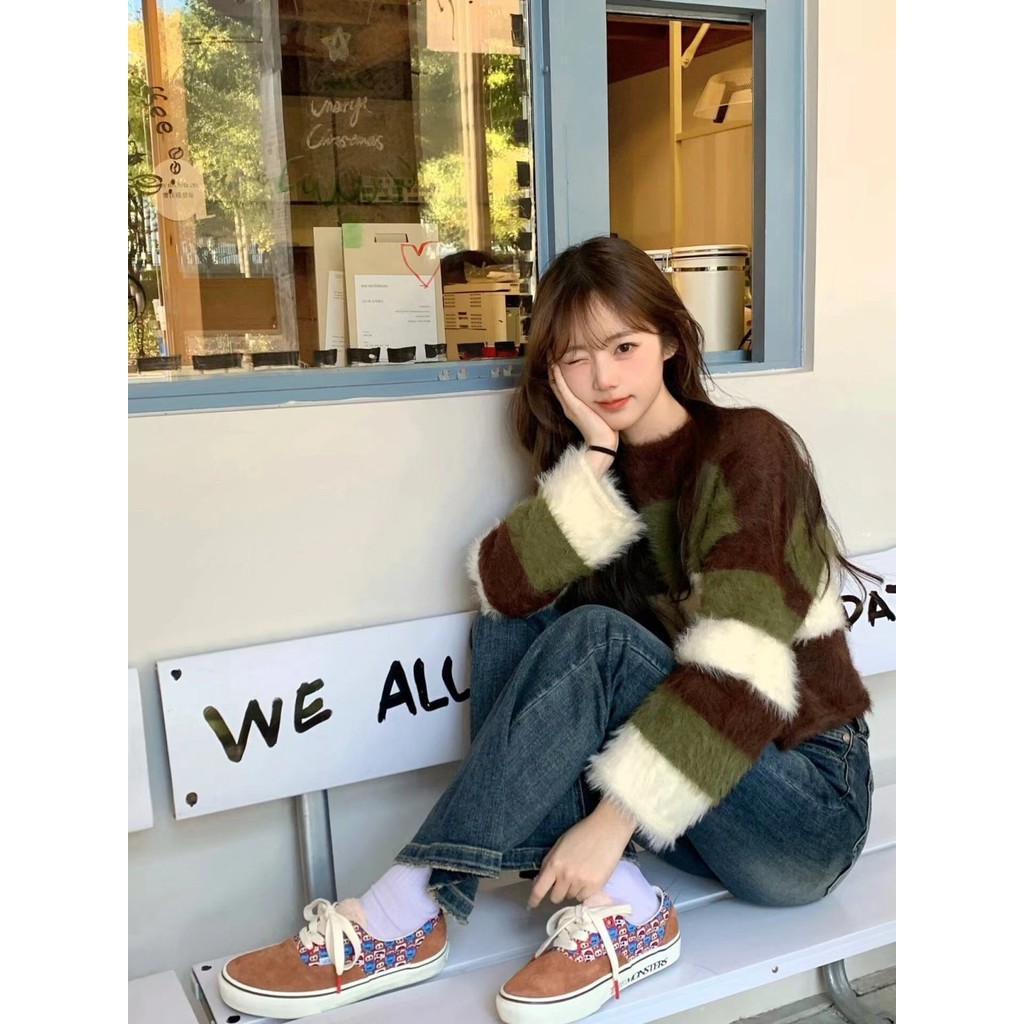 ❤️【สินค้าพร้อม】❤️ อเมริกันมิงค์ผมสีคมชัดลายเสื้อกันหนาวผู้หญิงหลวมรอบคอเสื้อสวมหัวเสื้อแขนยาว