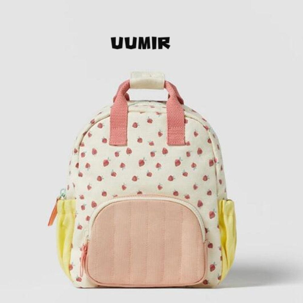 UUMIR กระเป๋านักเรียน พิมพ์ผ้าใบสีสันสดใส โดปามีน สตรอเบอร์รี่เด็กกระเป๋าเป้สะพายหลัง, ผ้าฝ้ายเพิ่มชื่อเด็กส่วนบุคคลปักรถเข็นเด็กกระเป๋าของขวัญโรง