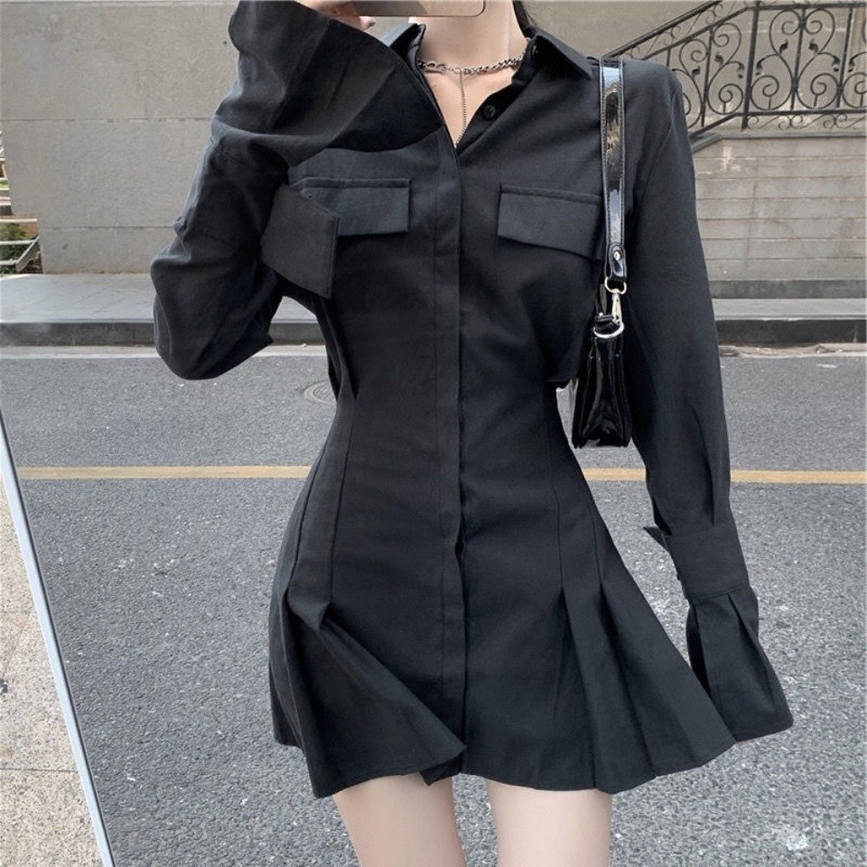 Sexy Slimming Nipped-Waist New Shirt Short Women's Long Sleeve Early Autumn Elegant Little Black Dress Shirt Shirt