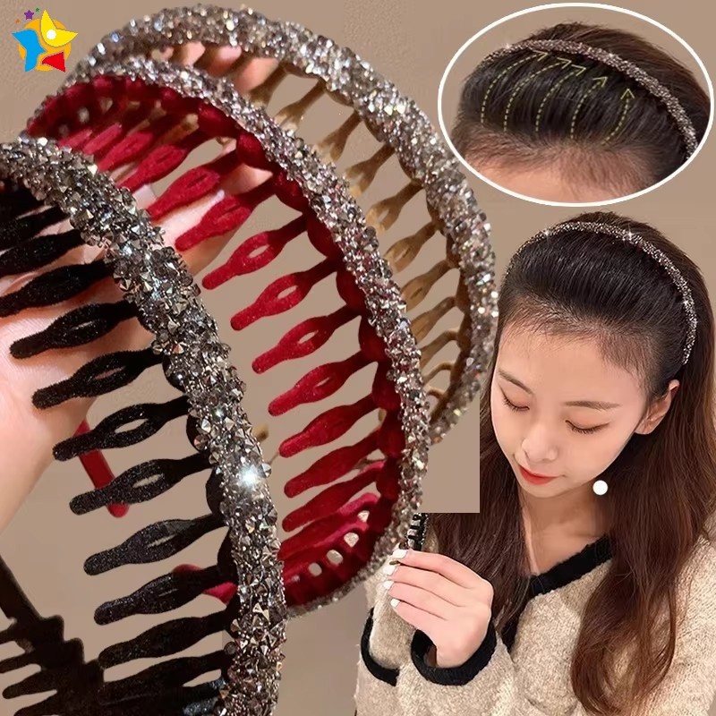 แฟชั่น Rhinestone Flocking Bezel ผม Hoops สําหรับผู้หญิงสุภาพสตรีสีทึบฟันลื่นแถบคาดศีรษะอุปกรณ์เสริมผม
