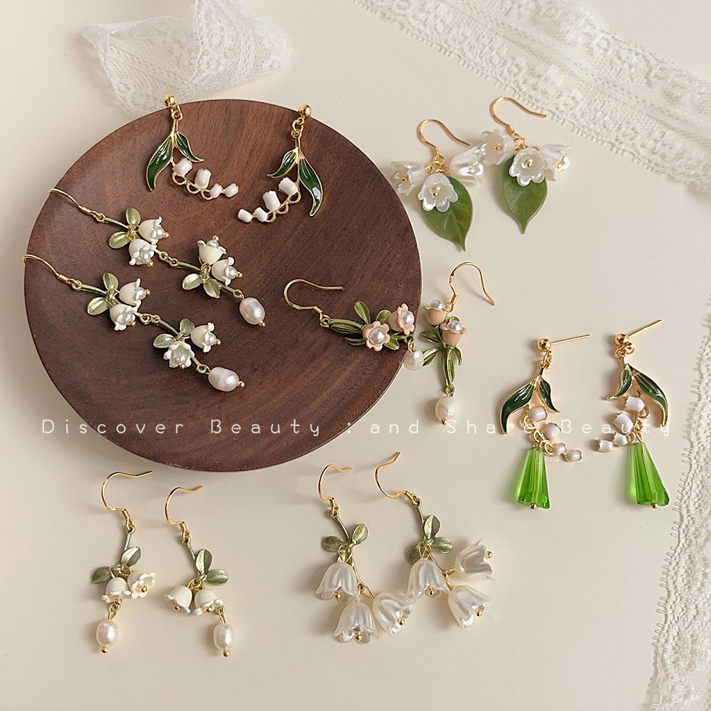 Mori สไตล์ Lily of the Valley ต่างหูหญิง Super Fairy อารมณ์อ่อนโยนต่างหูมุกน้ําจืด Hand-Made ต่างหูหวานความรู้สึกระดับไฮเอนด์