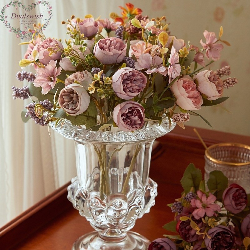 Dualswish ดอกไม้ประดิษฐ์ Rouge Rose ลูกปัดตารางปูขนาดเล็กดอกไม้ปลอมอุปกรณ์ถ่ายภาพดอกไม้ผ้าไหมถุงชา