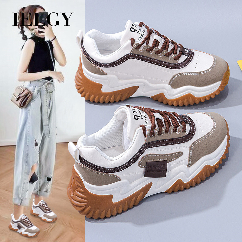 IELGY สีกากีแพลตฟอร์มพ่อรองเท้าผู้หญิง2025นักเรียนอเนกประสงค์เพิ่มความสูงรองเท้าผ้าใบลําลอง