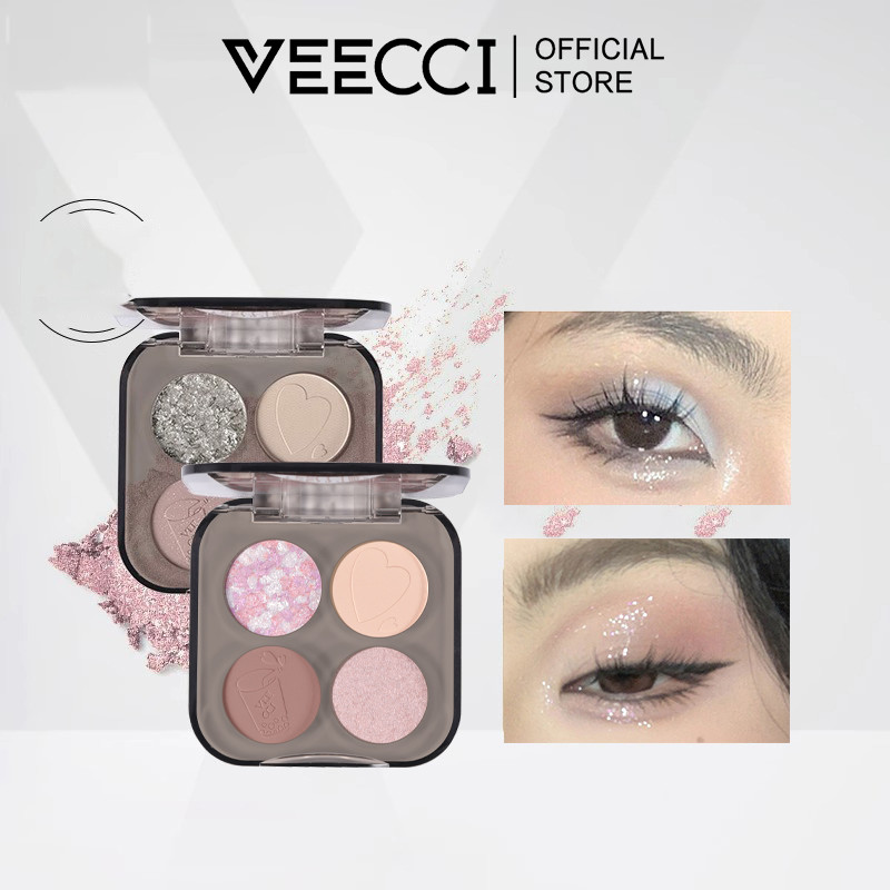 VEECCI อายแชโดว์ พาเลท เคลือบ ชิมเมอร์ สีเอิร์ธโทน แบบพกพา กันน้ำ กันเหงื่อ พาเลทตา สี่สี 5.2g