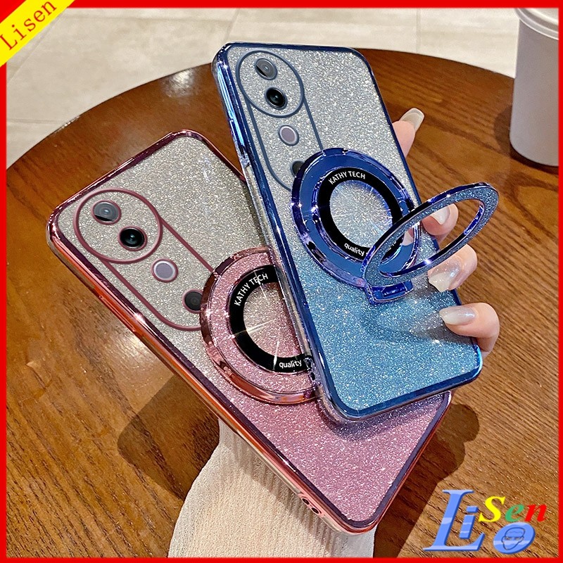 เคส Vivo V40 5G/V40Pro 5G/V30 Pro/V30E 5G / V29 5G/V29E/V27E พร้อมขายึด สติ๊กเกอร์แวววาว เคสโทรศัพท์โปร่งใส ZJSF