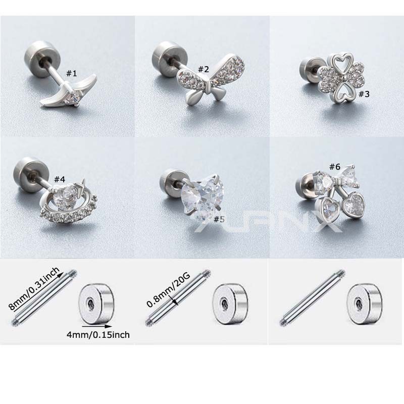 1 ชิ้นรูปหัวใจสแตนเลสต่างหูกระดูกอ่อนสตั๊ด Helix Pinna Lobe เจาะ 20Gauge