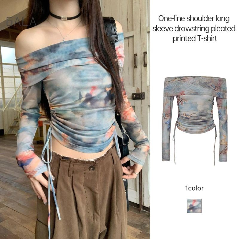 หวานสาวร้อนปิดไหล่ด้านบนDrawstringพิมพ์เสื้อยืดแขนยาวผู้หญิงเก๋ผ้ากอซด้านบน GA