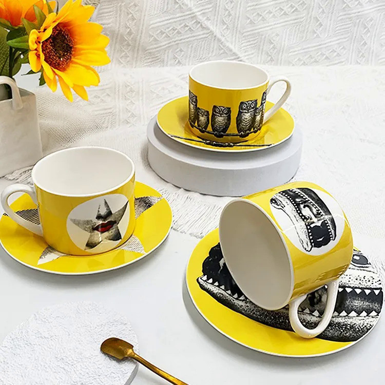 European Style Face Owl Abstract Coffee Cup Saucer Drinkware Delicate Ceramic Afternoon Tea Mug Dess