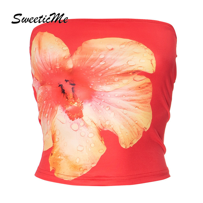 Sweeticme ผู้หญิง 2024 ใหม่แฟชั่นดอกไม้พิมพ์ Simple Slim Fit วันหยุด Causal Tube Tops