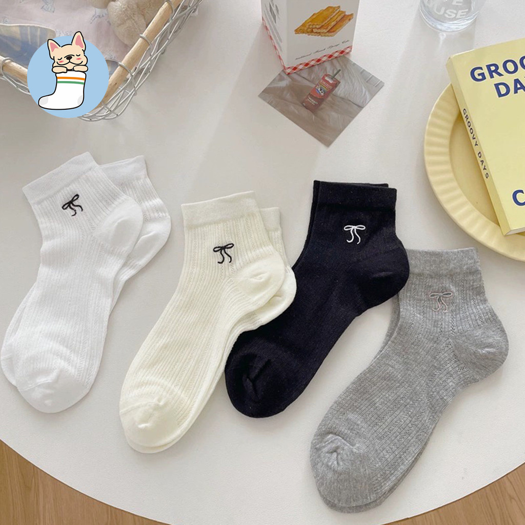 ถุงเท้าสั้นแฟชั่นสตรี ดีไซน์โบว์ ผ้าฝ้ายแท้ สไตล์โลลิต้าญี่ปุ่น