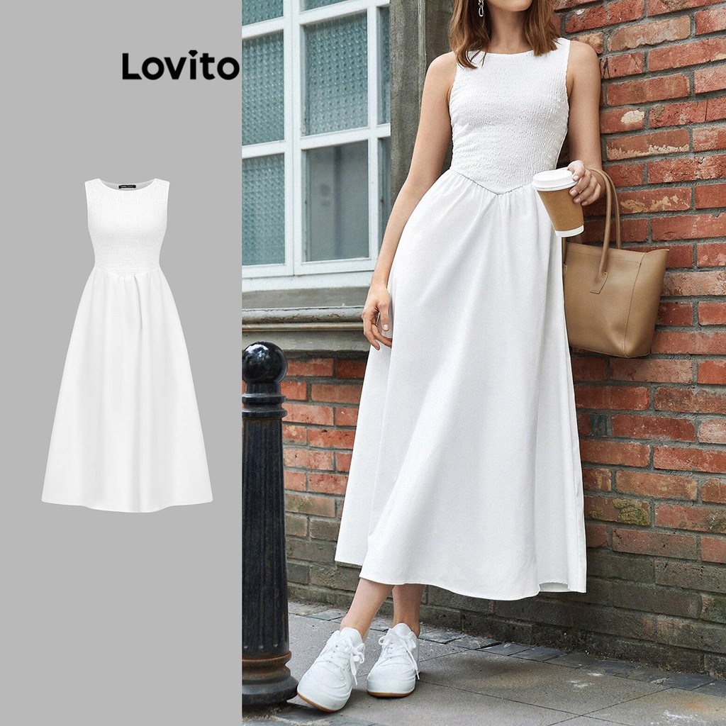 Lovito ชุดเดรสสม็อคลำลองสำหรับผู้หญิง L99ED946