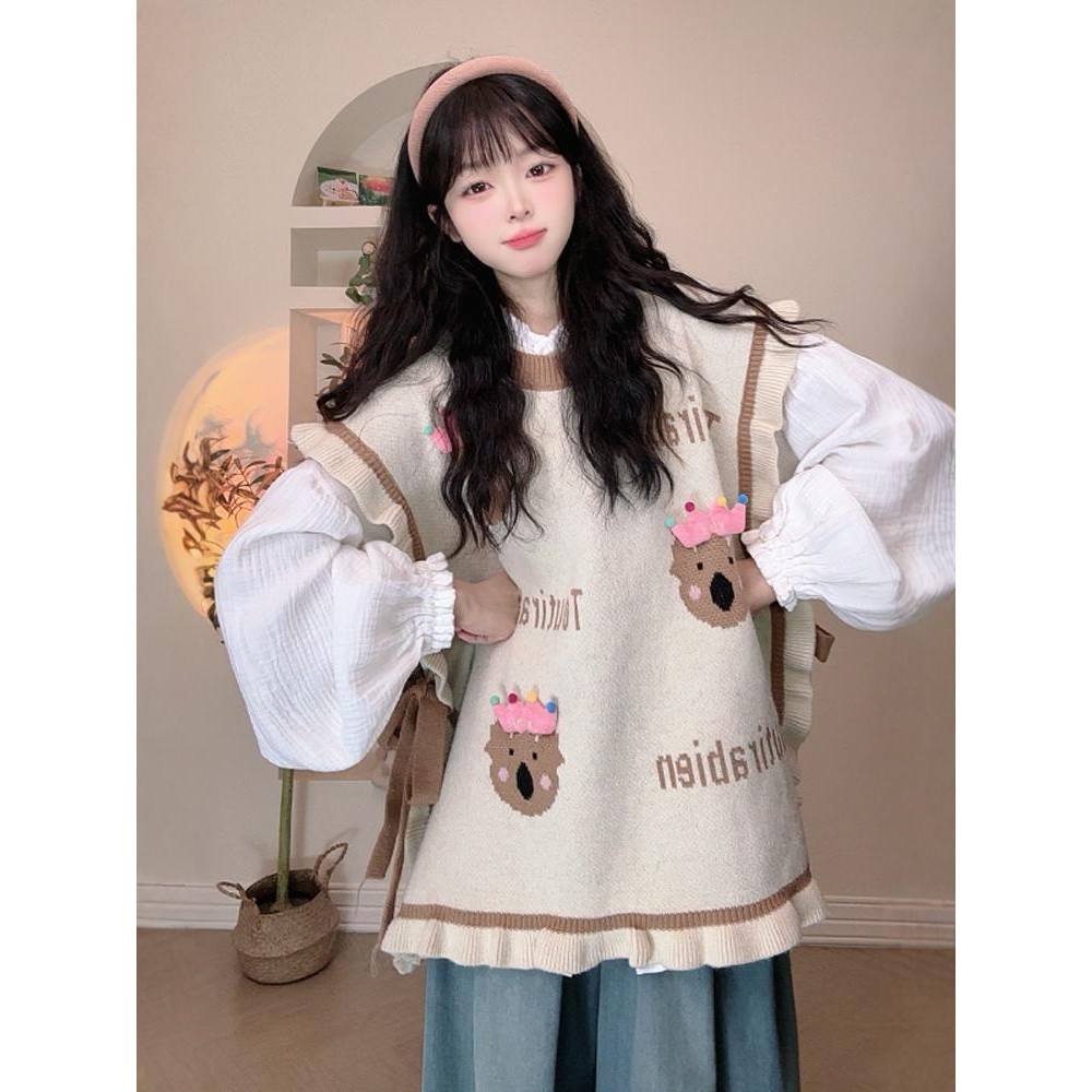 สูท ผู้หญิงวิทยาลัยหวานเสื้อกั๊กปัก + เสื้อซ้อนแขนโคมไฟชุดสองชิ้น