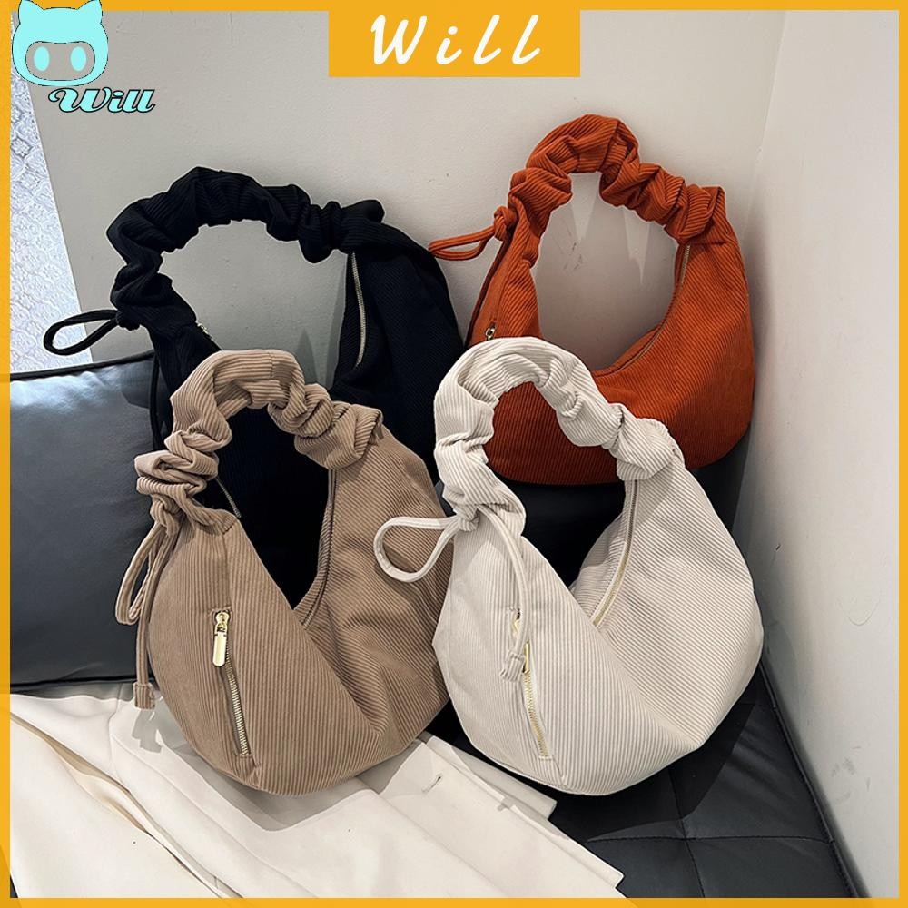 กระเป๋าถือสตรี Corduroy Hobo Slouchy Tote Ruched ไหล่สําหรับการเดินทางทํางาน