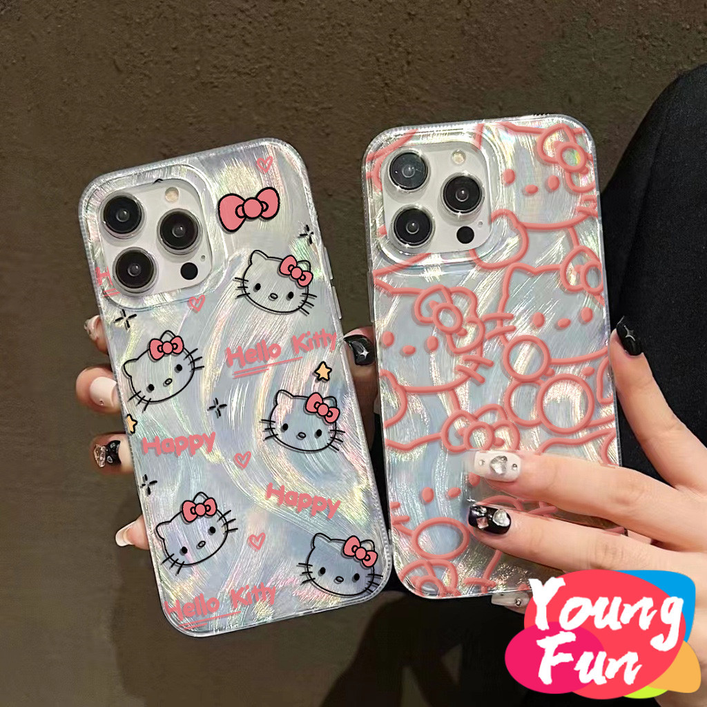 สวัสดีคิตตี้ สําหรับ OPPO A96 A95 A93 A92 A78 A53 A57 A58 A60 A38 A17 A16K A3s A5 A7 A9 A31 2020 OPPO Reno 6 8T Silver Feather หรูหราซิลิโคนโฮโลแกรมยี่ห้ออินเทรนด์นุ่มโฮโลแกรม