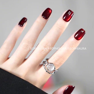 [กาวฟรี] ฟรีกาวเล็บปลอมกดบนเล็บด้วยกาวเล็บปลอม Cat Eye Plain Design Rhinestone Design Maroon White Black Red Blue Pink Violet