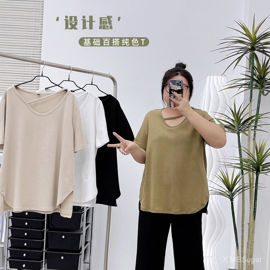 ขนาดบวกผิดปกติ Slit ลูกไม้ขึ้นเสื้อยืดสำหรับผู้หญิงในช่วงฤดูร้อนใหม่หลวมแขนสั้นไขมันสาวด้านล่างด้านบน