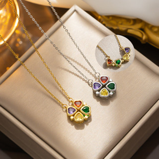 Four Hearts สีสันเพทายเปิดโคลเวอร์สี่ใบสไตล์อินสร้อยคอเหล็กไ…