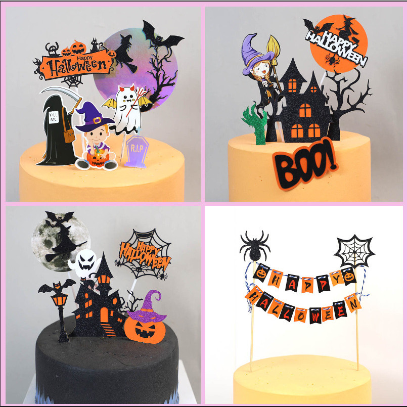 2024 สุขสันต์วันฮาโลวีนเค้ก Toppers DIY ฟักทองปราสาท Ghost แม่มดแวมไพร์ Cupcake Topper เด็กวันเกิดปาร์ตี้ฮาโลวีนเบเกอรี่ตกแต่ง