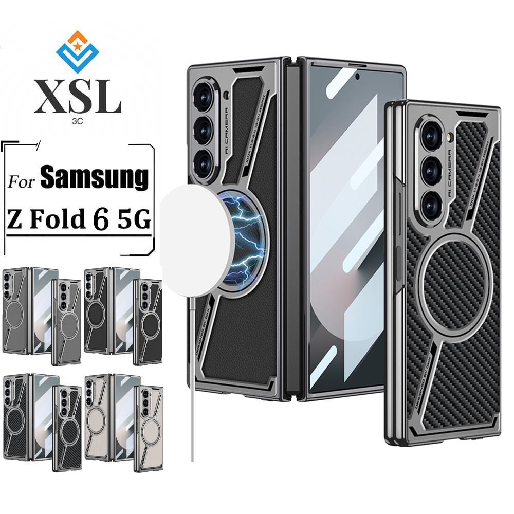 ดีไซน์ใหม่ Fold6 เคสสําหรับ Samsung Galaxy Z Fold6 Cover ชุบปลอกแม่เหล็กรูปตัว Z หนังธรรมดา