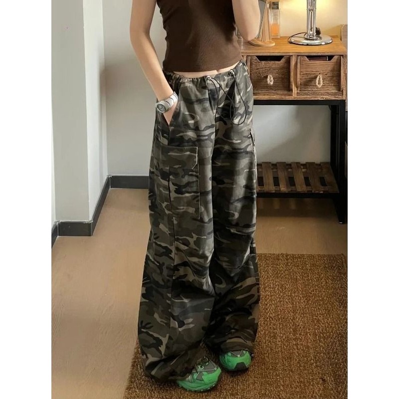 American Retro Camouflage Overalls สไตล์ใหม่ Drawstring หลวม All-Match ตรง Slimmer ดูกางเกงยีนส์สบายๆ Flo